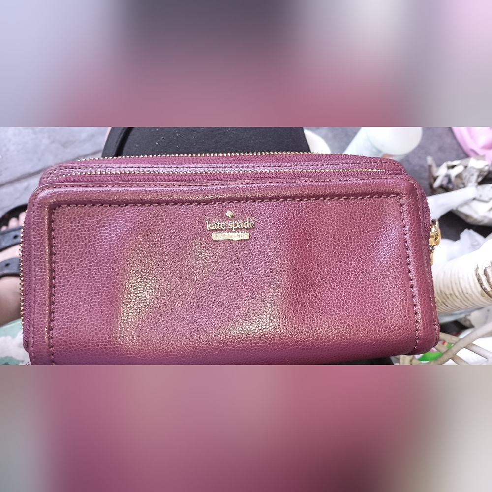 Kate Spade Burgundy Gold Leather XL Double Zip Wallet NWOT